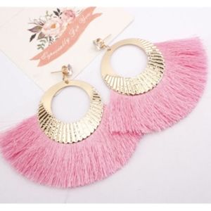 🐶Rhinestone stud with gold hoops and pink tassel
